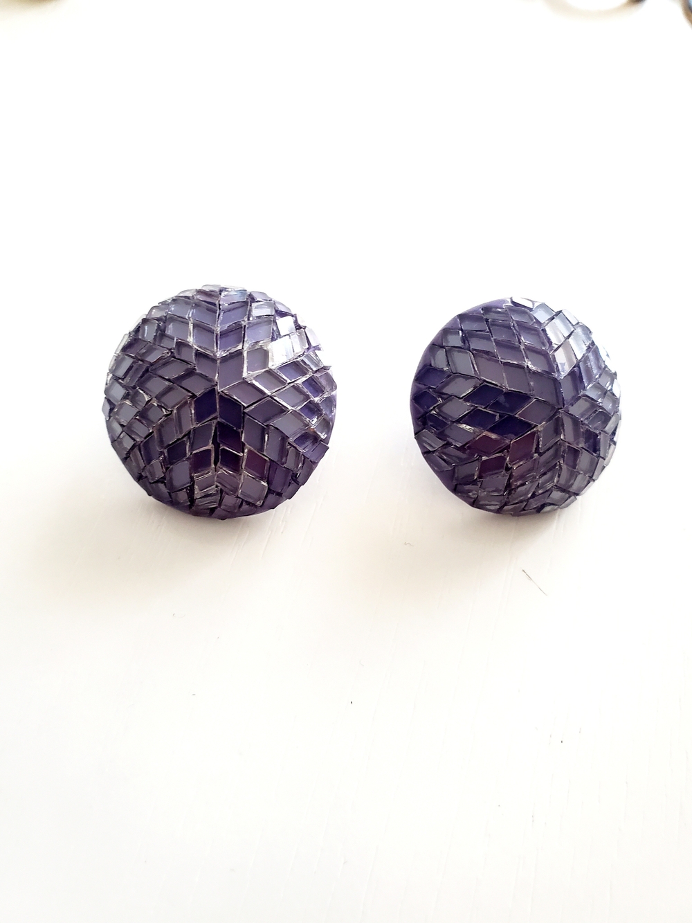 Purple Glass Mosaic Dome Stud Earrings - Vintage